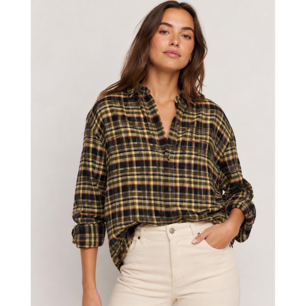 NWT Everlane Boxy Flannel Shirt Women S Plaid Button Down Cotton Olive Tan